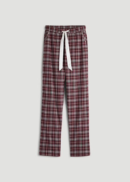Tie Waist Flannel Pajama Pants for Tall Women in Wine and Grey Lilac Plaid