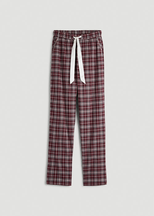 Tie Waist Flannel Pajama Pants for Tall Women in Wine and Grey Lilac Plaid