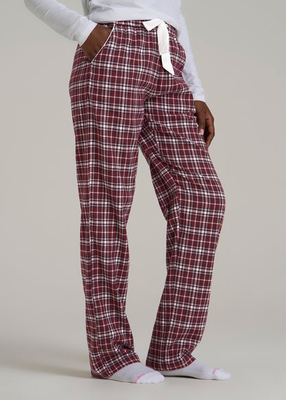 Tie Waist Flannel Pajama Pants for Tall Women in Wine and Grey Lilac Plaid