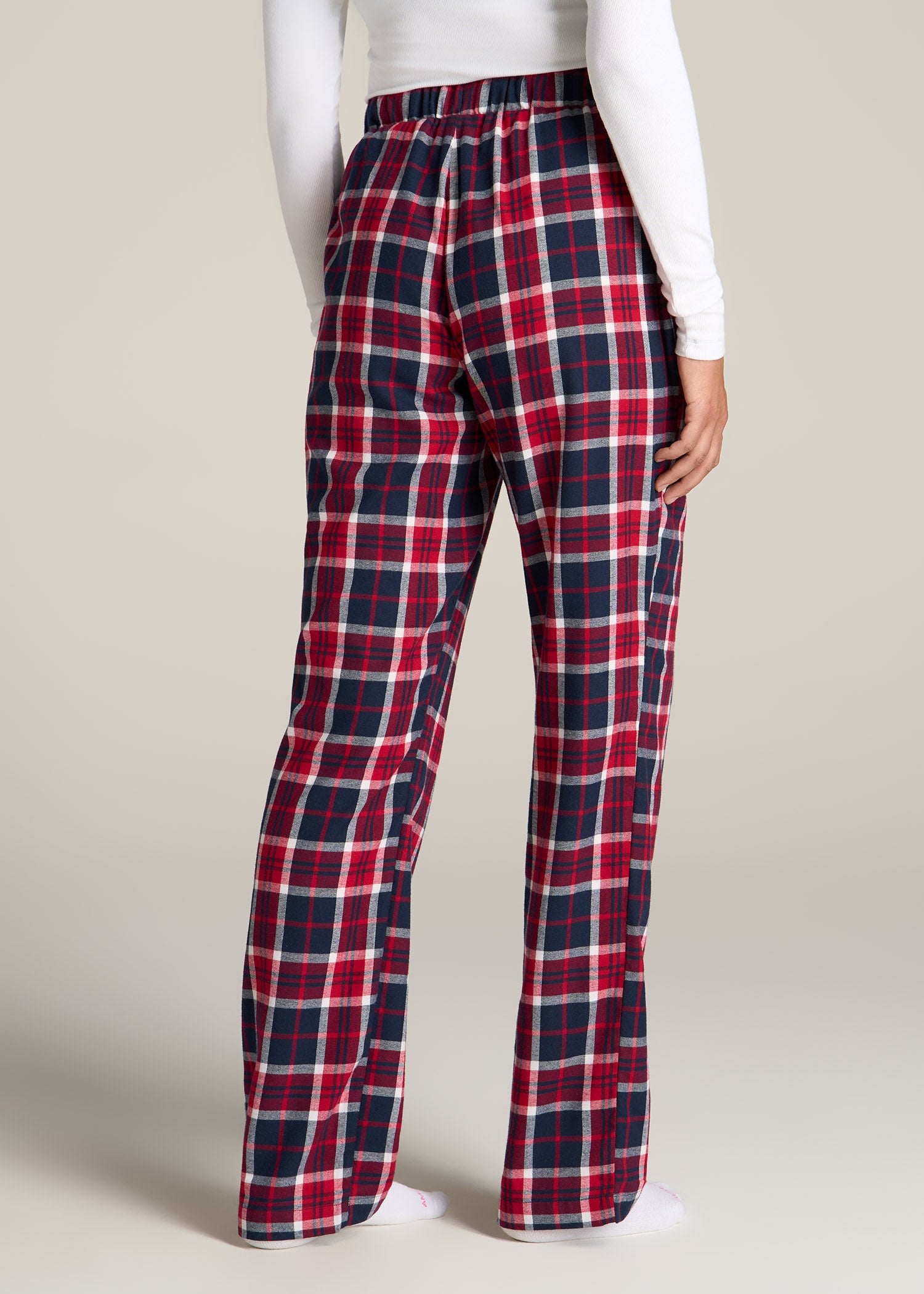 Open-Bottom Flannel Women's Tall Pajama Pants in Apple Red and Navy Plaid
