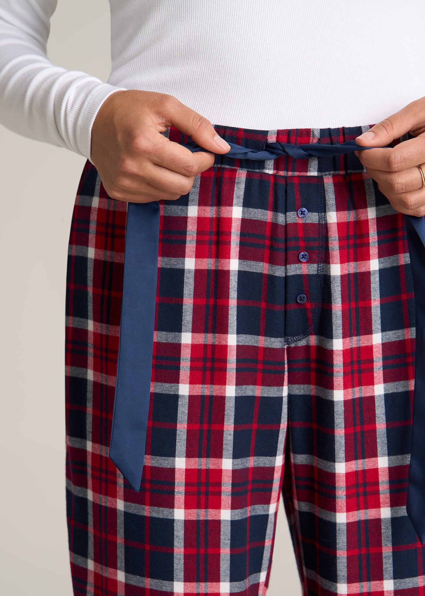 American-Tall-Women-Tie-Waist-Open-Bottom-Flannel-PJ-Pants-Apple-Red-Navy-Plaid-detail