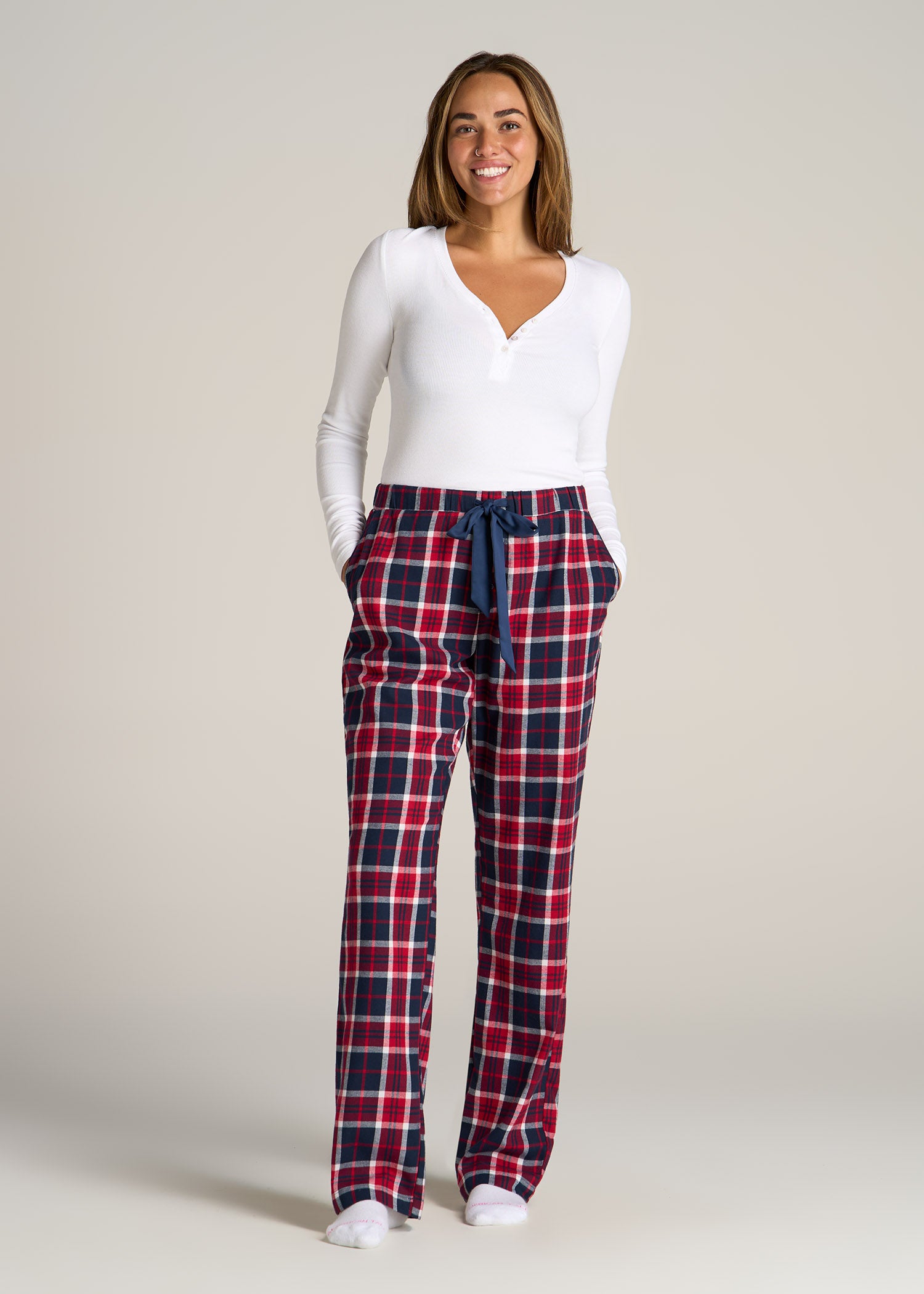 American-Tall-Women-Tie-Waist-Open-Bottom-Flannel-PJ-Pants-Apple-Red-Navy-Plaid-full