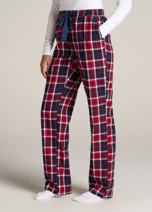 American-Tall-Women-Tie-Waist-Open-Bottom-Flannel-PJ-Pants-Apple-Red-Navy-Plaid-side