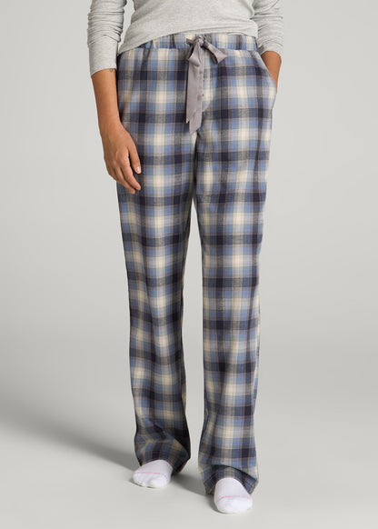 Open-Bottom Flannel Pajama Pants for Tall Women in Blue and Grey Weave