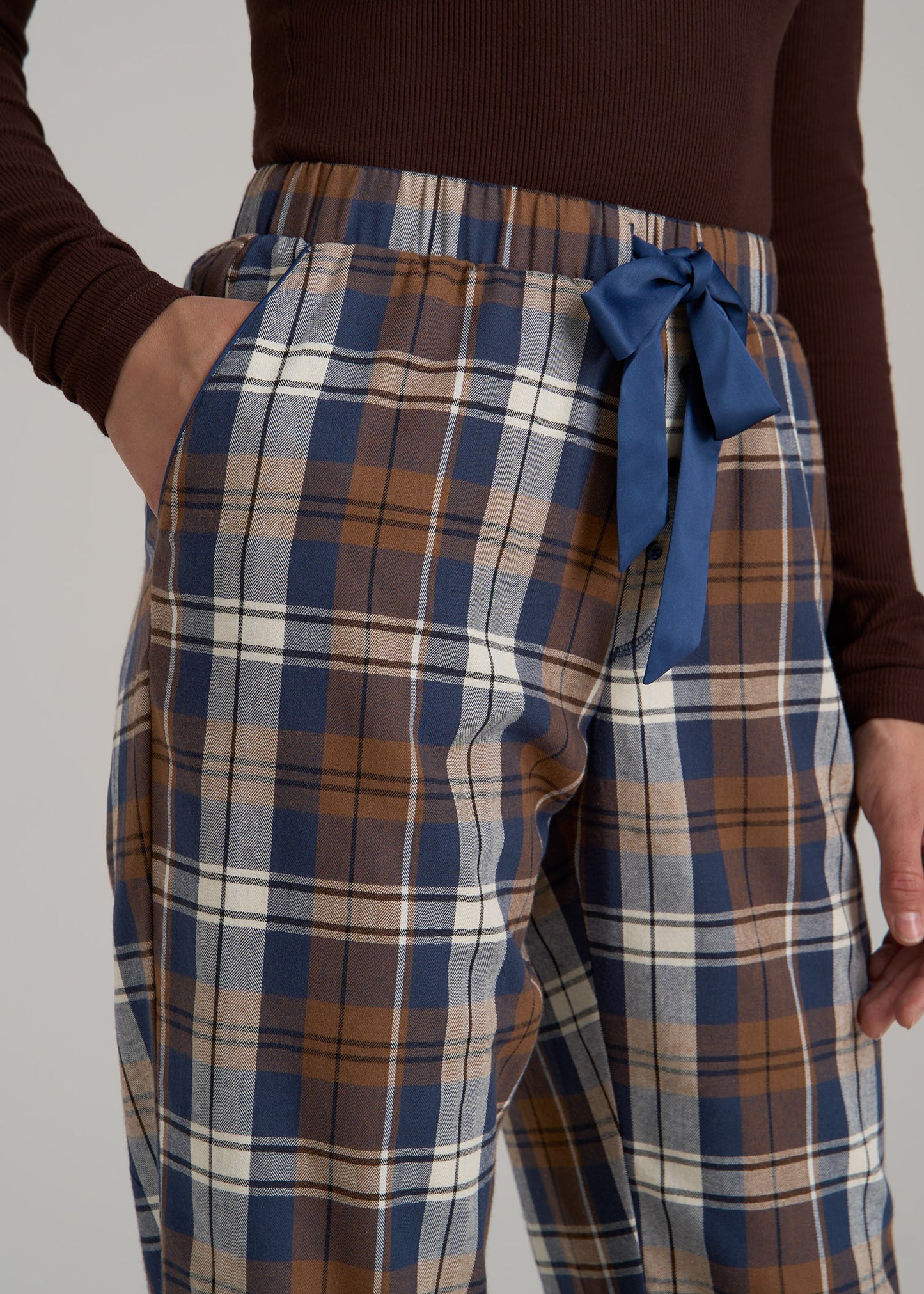 Open-Bottom Flannel Women's Tall Pajama Pants in Brown Blue Plaid