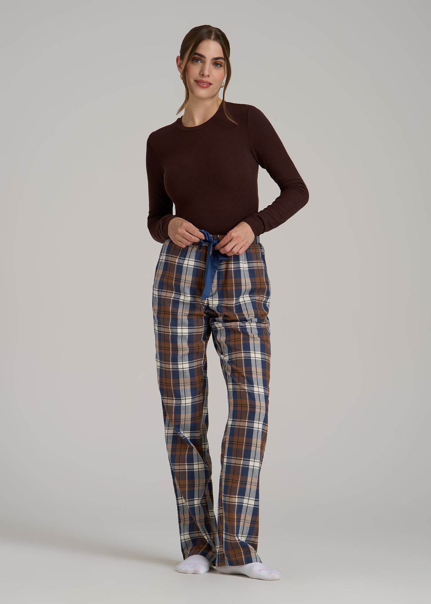 Open-Bottom Flannel Women's Tall Pajama Pants in Brown Blue Plaid