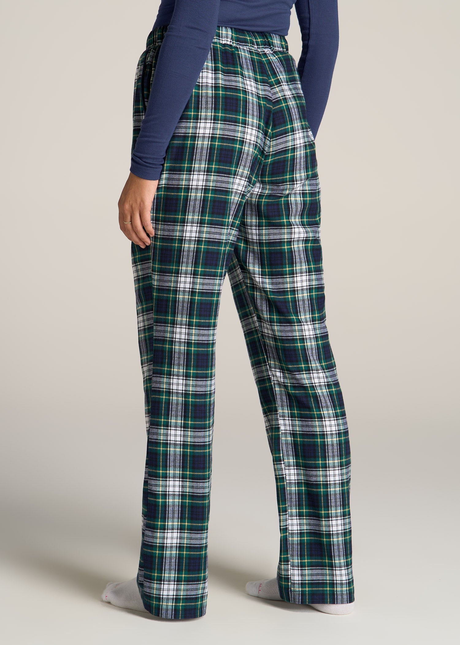 Open-Bottom Flannel Women's Tall Pajama Pants in Green and Navy Tartan
