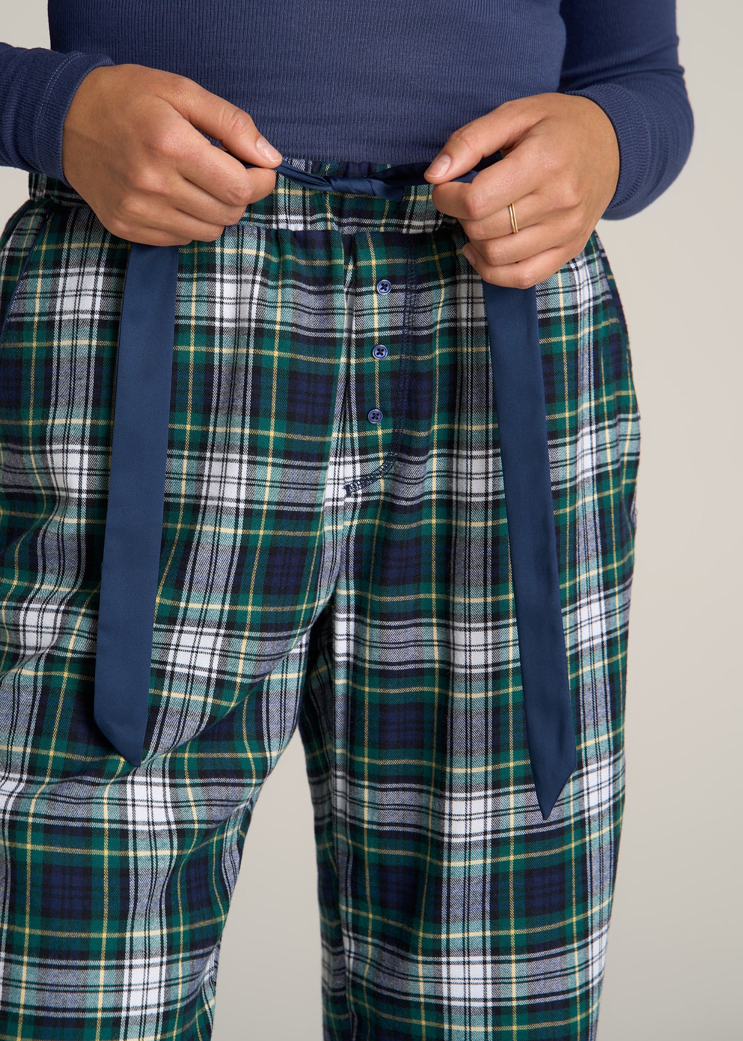 American-Tall-Women-Tie-Waist-Open-Bottom-Flannel-PJ-Pants-Green-Navy-Tartan-detail