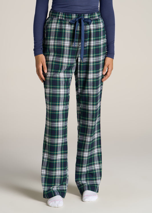 American-Tall-Women-Tie-Waist-Open-Bottom-Flannel-PJ-Pants-Green-Navy-Tartan-front