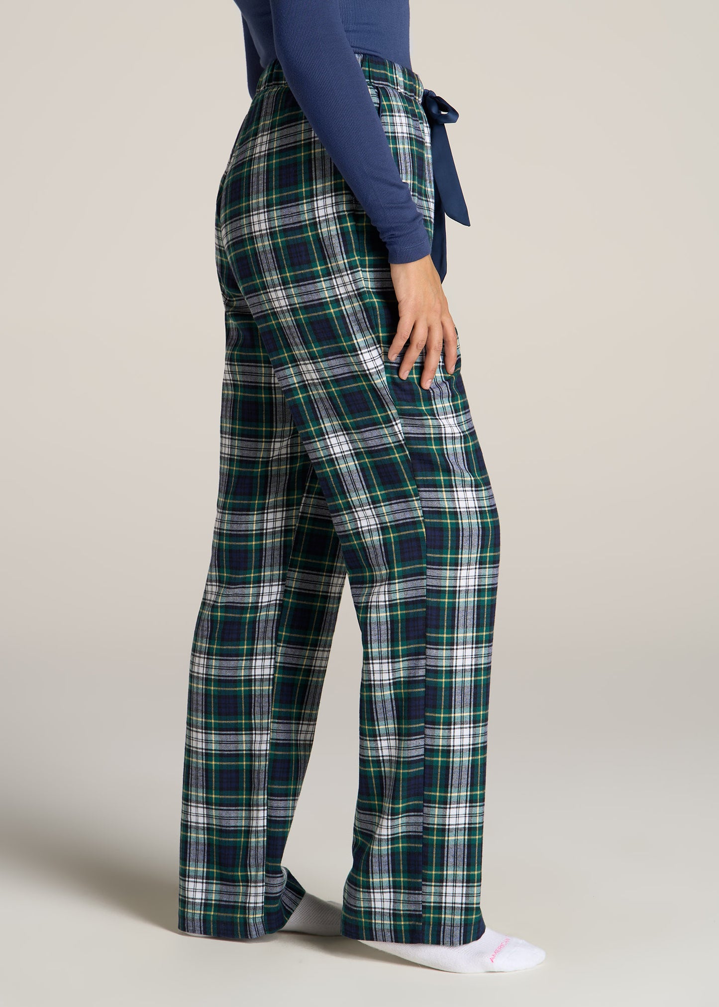 American-Tall-Women-Tie-Waist-Open-Bottom-Flannel-PJ-Pants-Green-Navy-Tartan-side