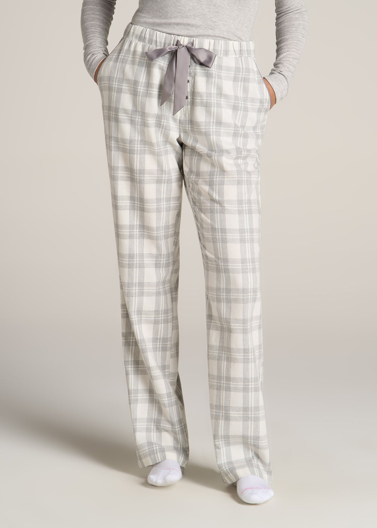 American-Tall-Women-Tie-Waist-Open-Bottom-Flannel-PJ-Pants-Heather-Grey-White-Plaid-front