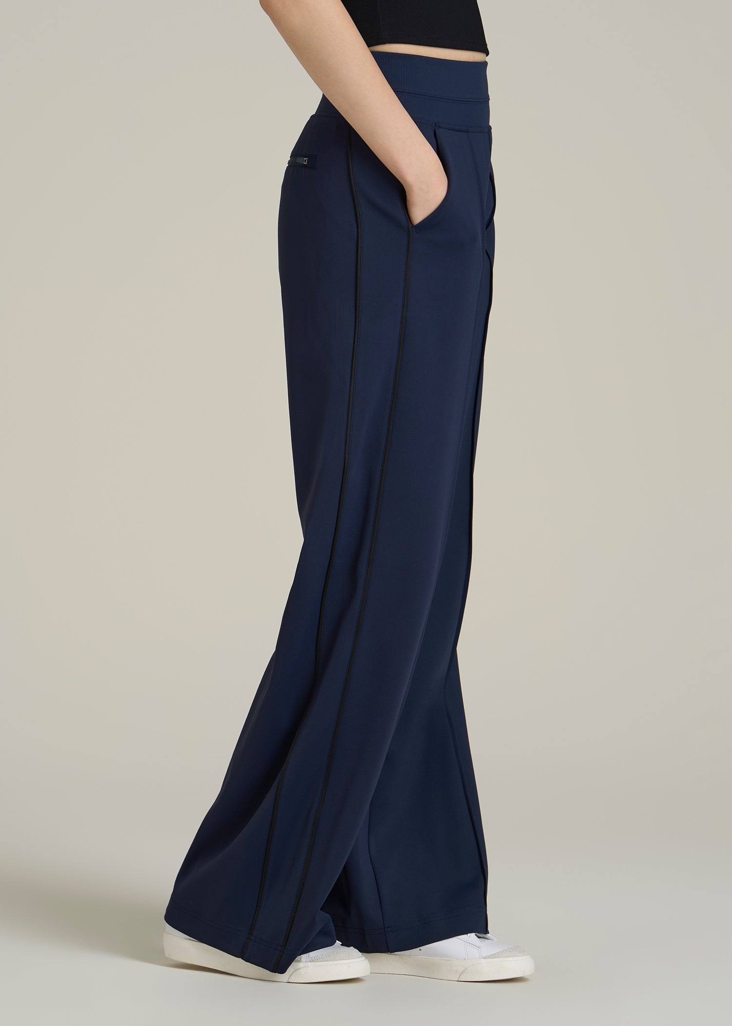 Track Pants with Piping for Tall Women in Navy