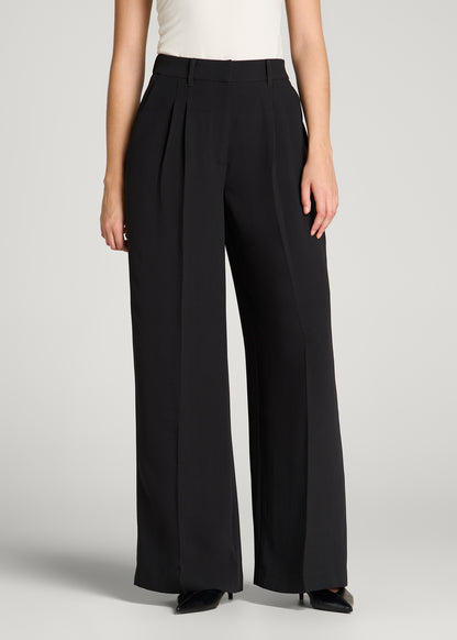 Ultra Wide Crepe Pleated Dress Pants for Tall Women in Black