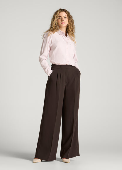 Ultra Wide Crepe Pleated Dress Pants for Tall Women in Espresso