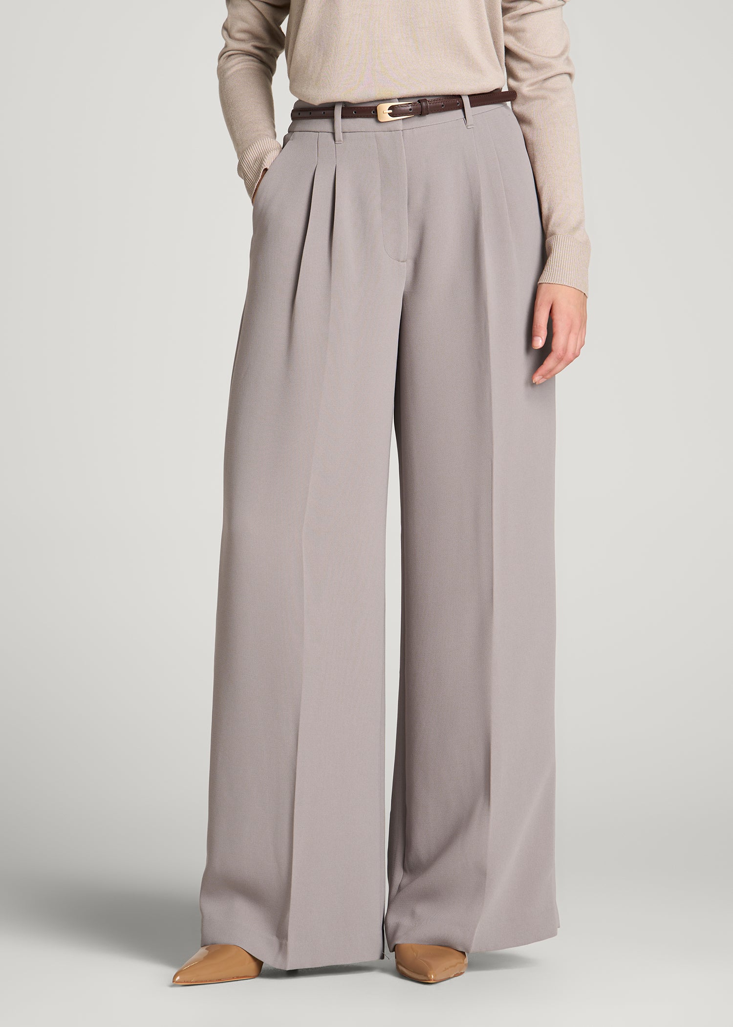 Ultra Wide Crepe Pleated Dress Pants for Tall Women in Moon Rock