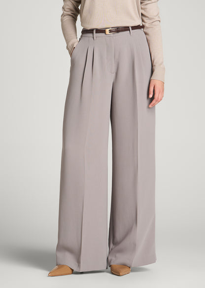 Ultra Wide Crepe Pleated Dress Pants for Tall Women in Moon Rock