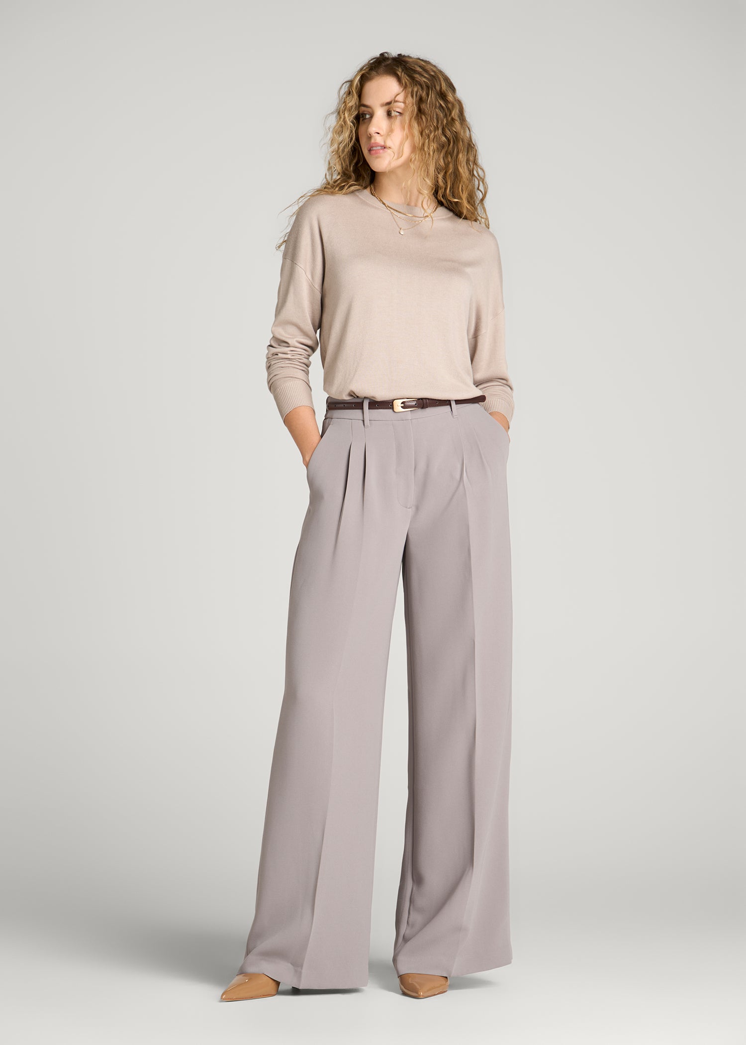 Ultra Wide Crepe Pleated Dress Pants for Tall Women in Moon Rock