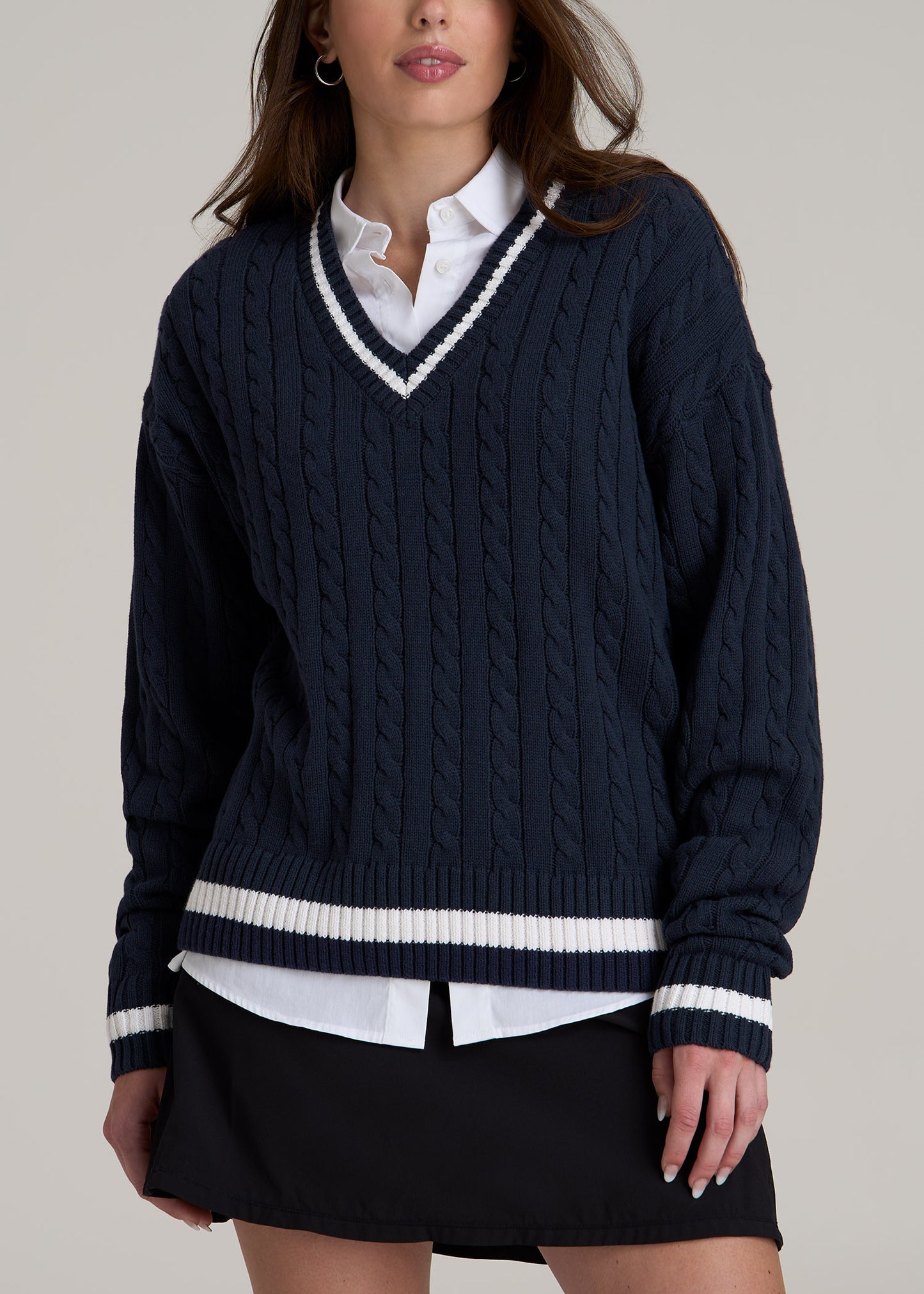 V-Neck Collegiate Sweater for Tall Women in Navy and Bright White