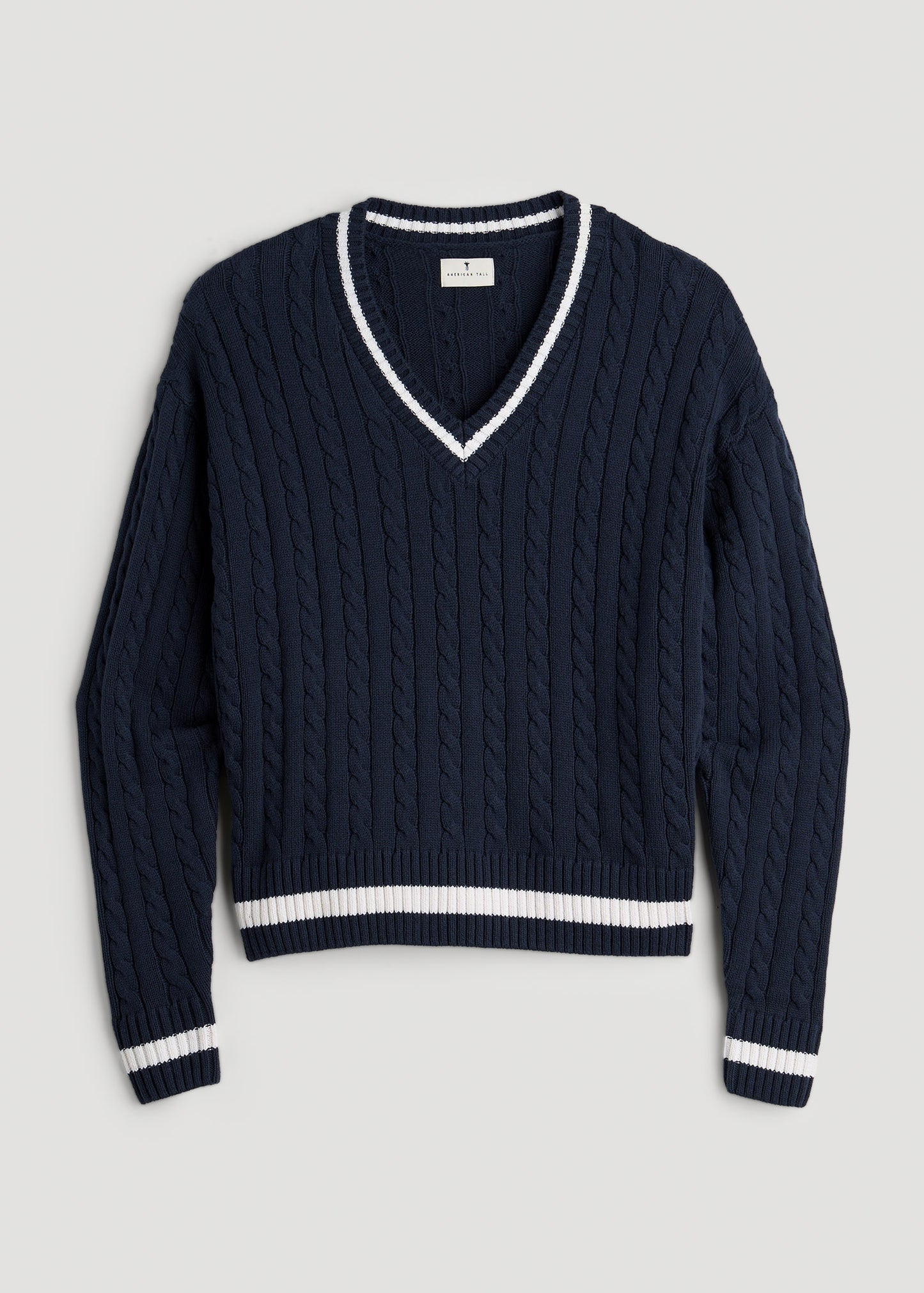 V-Neck Collegiate Sweater for Tall Women in Navy and Bright White