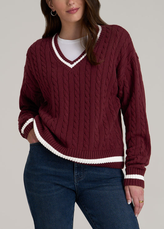 V-Neck Collegiate Sweater for Tall Women in Red Ochre and Winter White