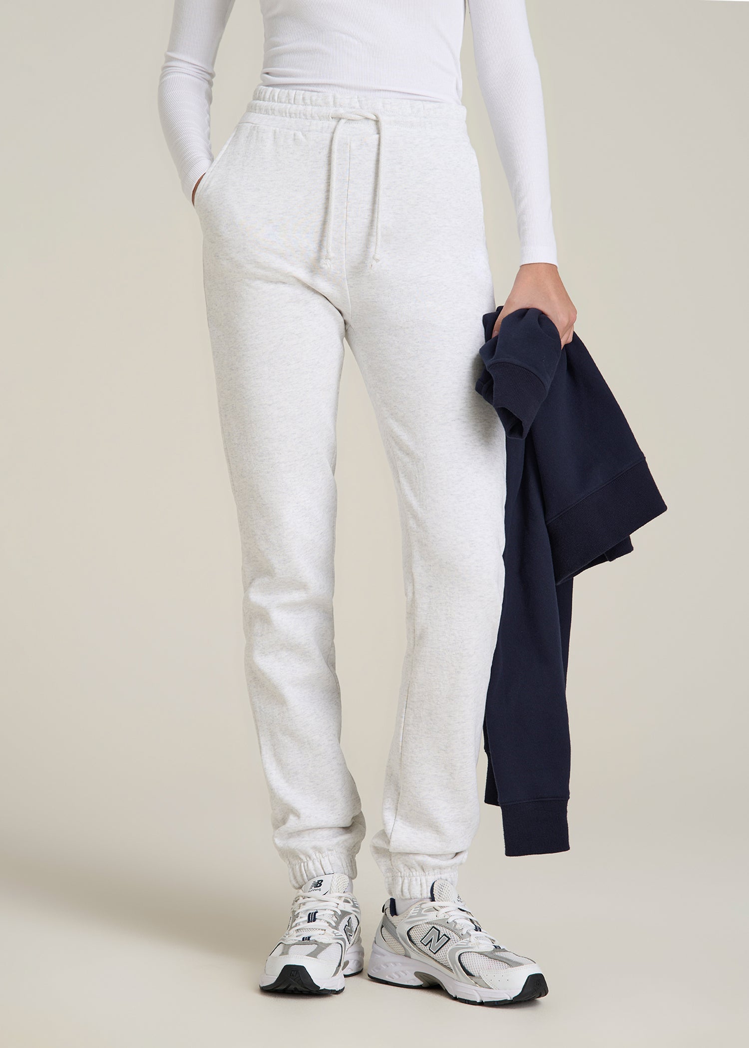 Wearever Fleece Slim Fit High-Waisted Garment Dye Sweatpants for Tall Women in Heather Cloud White