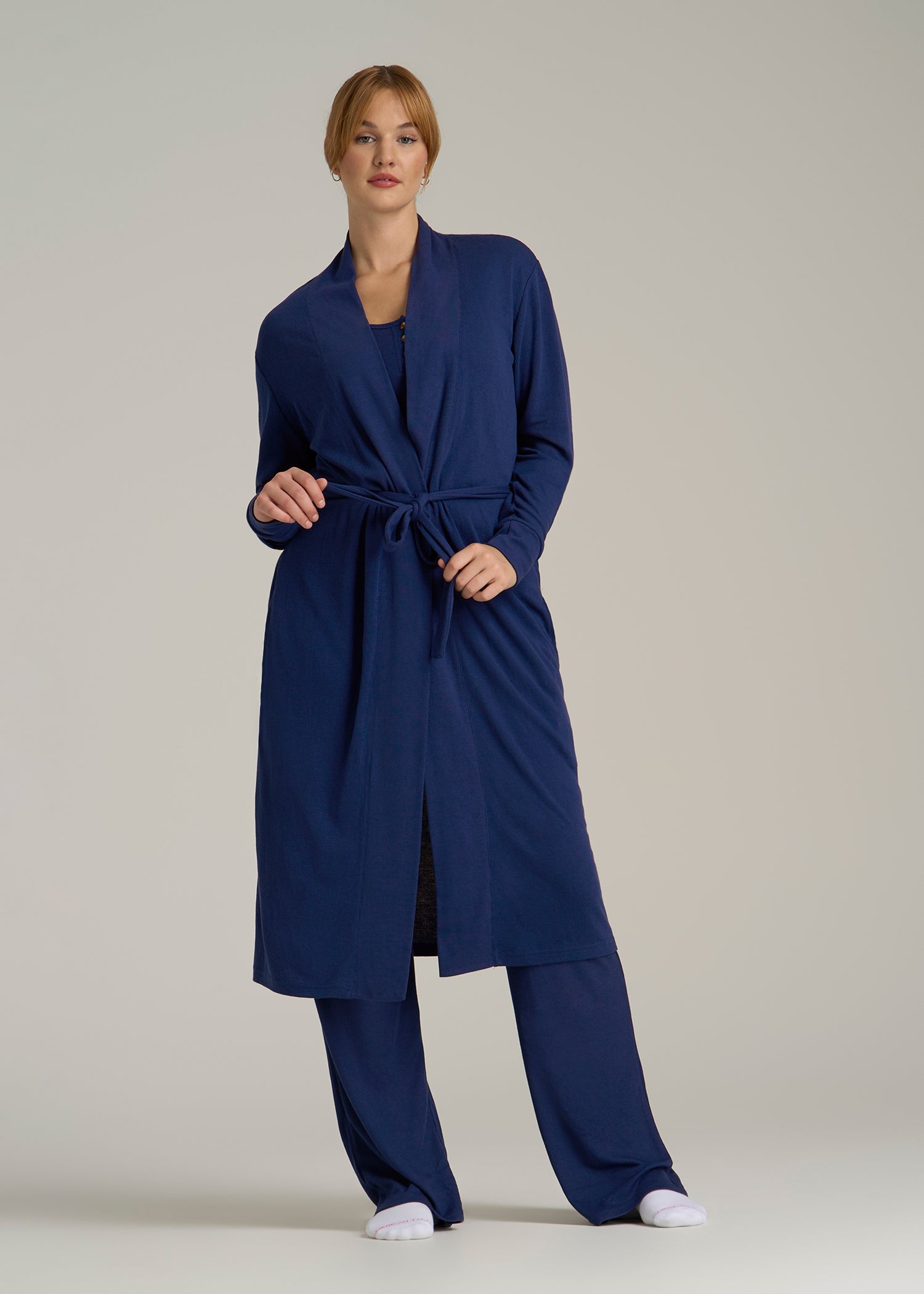 Waffle Lounge Robe for Tall Women in Midnight Blue