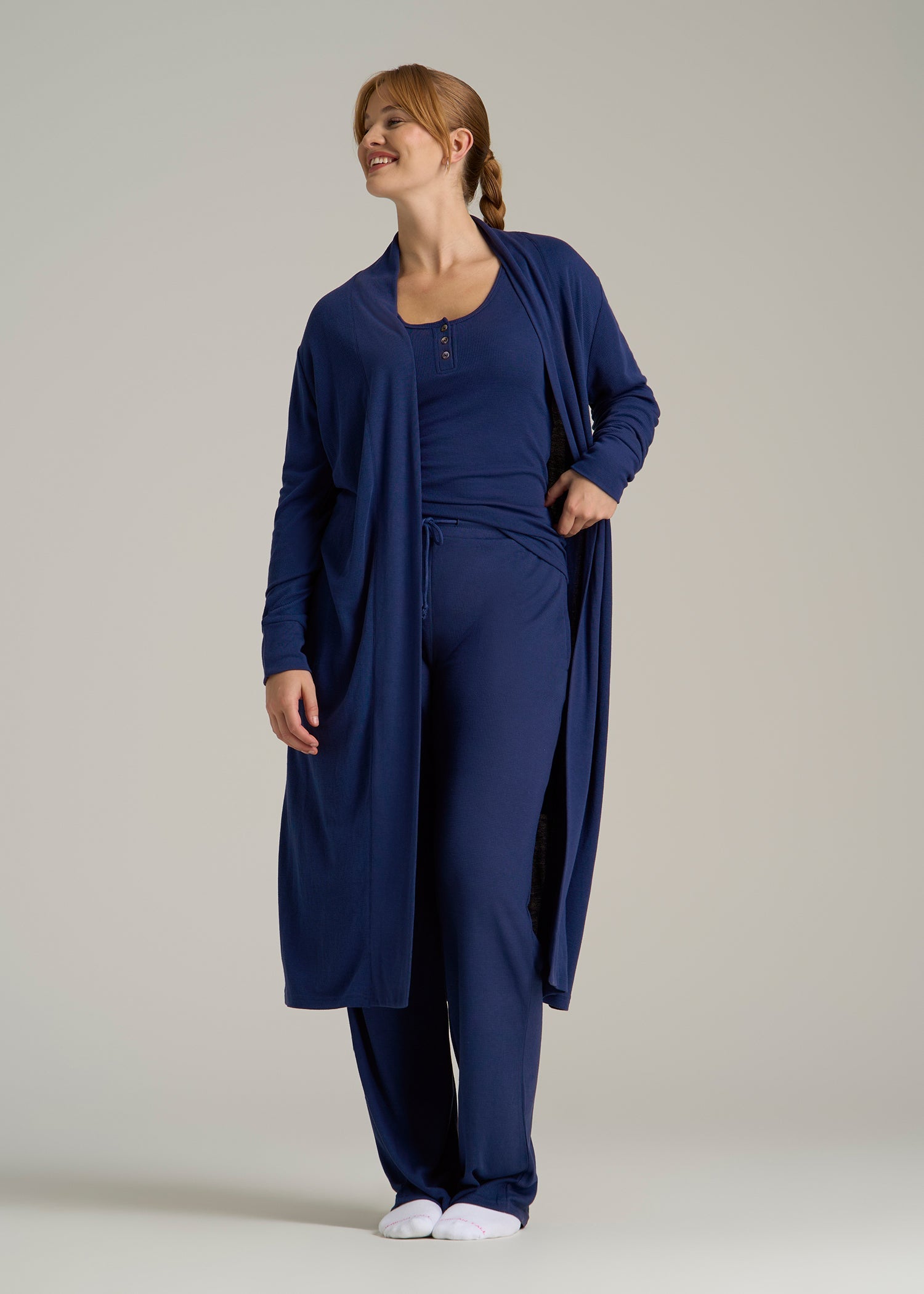 Waffle Lounge Robe for Tall Women in Midnight Blue