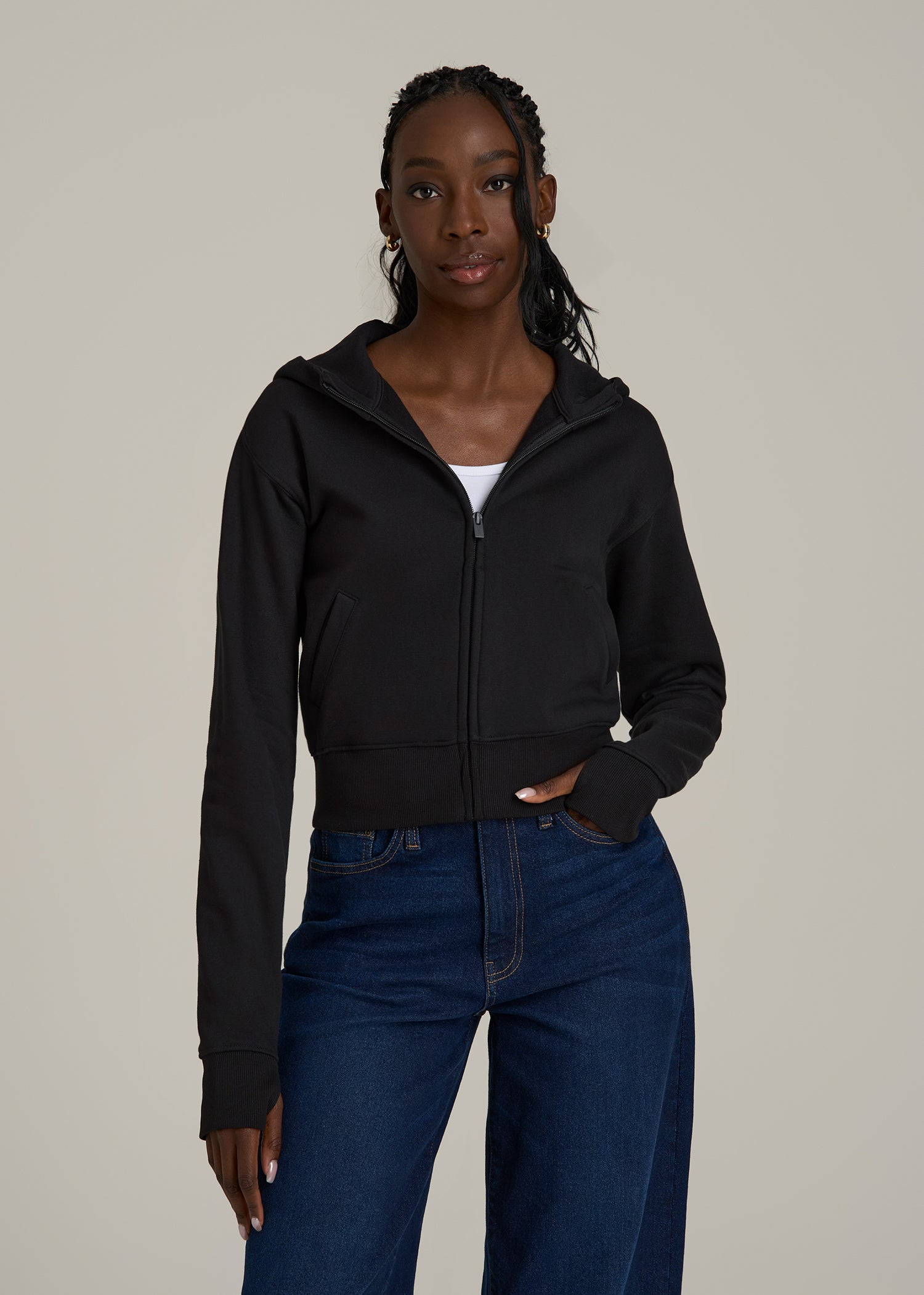 Wearever Fleece Cropped Zip-Up Hoodie for Tall Women in Black