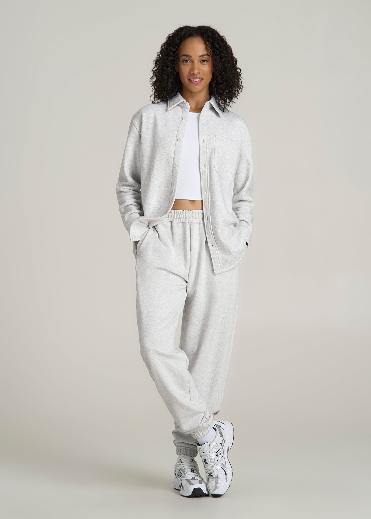 Wearever 2.0 Fleece Shacket for Tall Women in Heather Cloud White