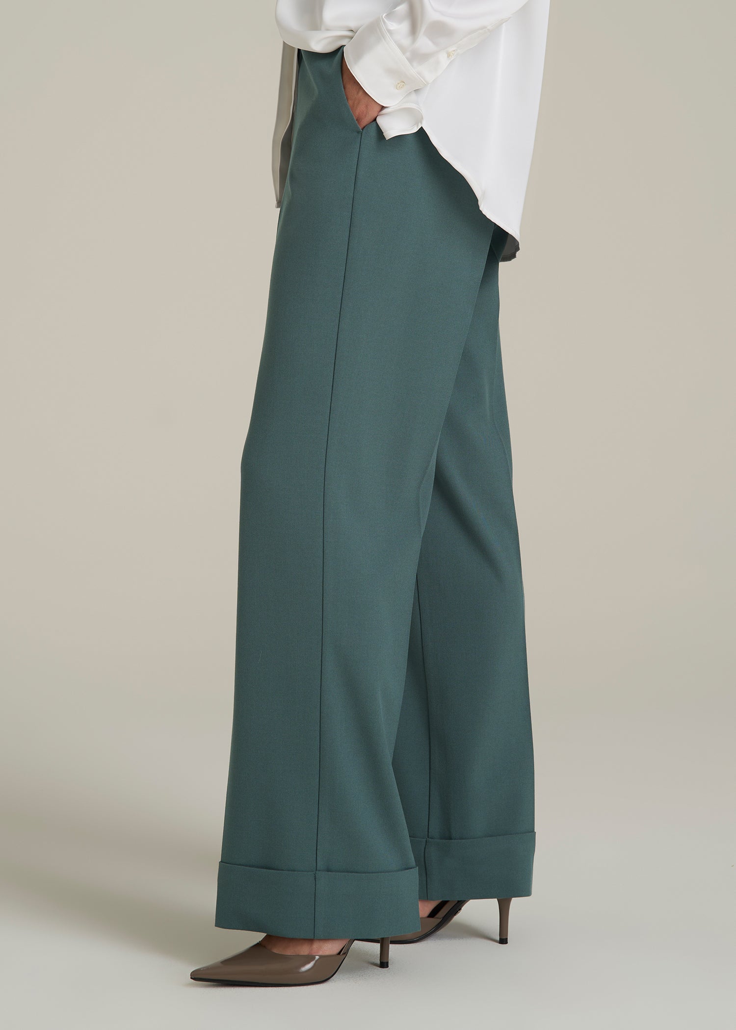 Wide-Leg Cuffed Pants for Tall Women in Balsam Green