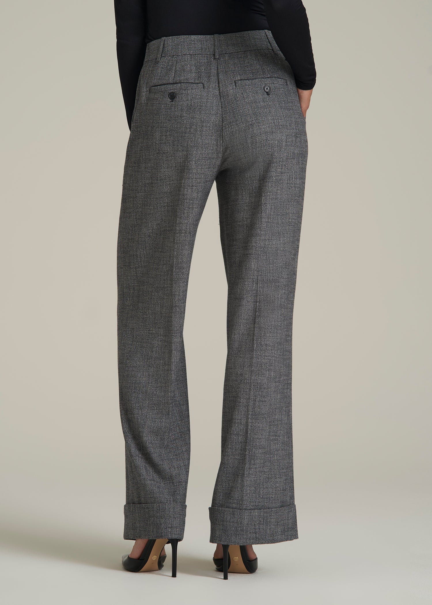 Wide-Leg Cuffed Pants for Tall Women in Black and Grey Tweed
