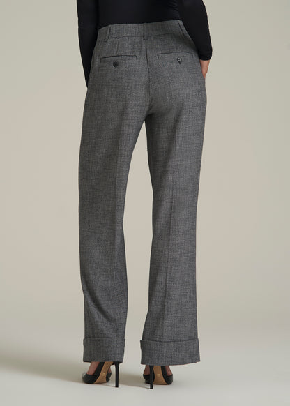 Wide-Leg Cuffed Pants for Tall Women in Black and Grey Tweed