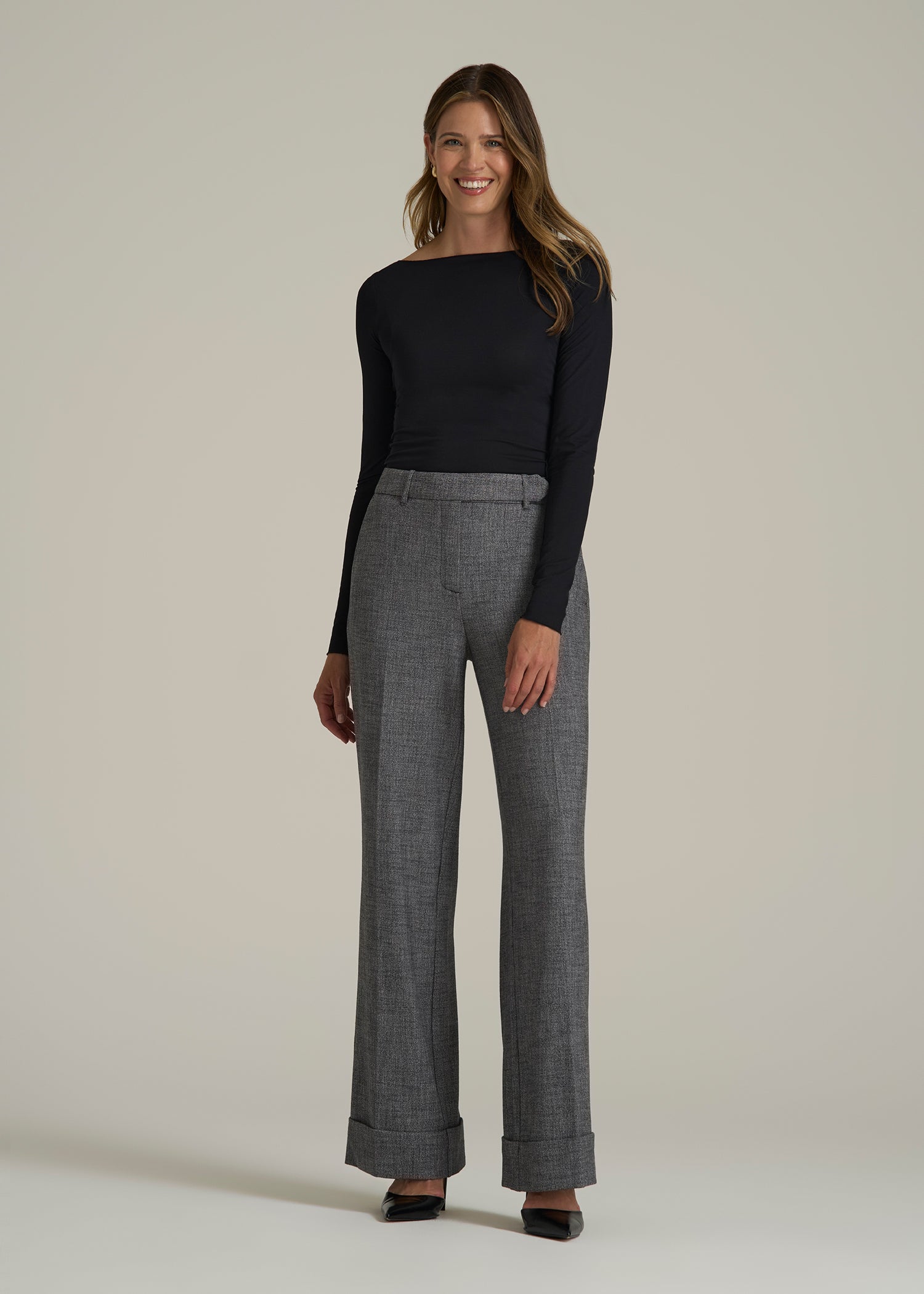 Wide-Leg Cuffed Pants for Tall Women in Black and Grey Tweed
