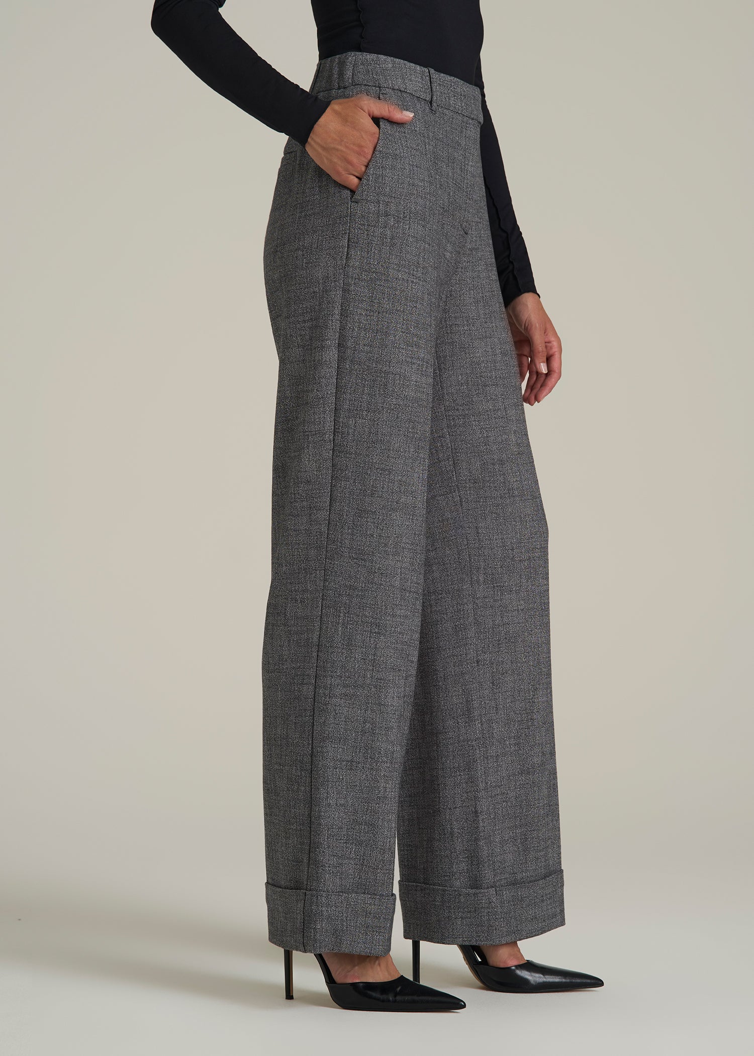 Wide-Leg Cuffed Pants for Tall Women in Black and Grey Tweed