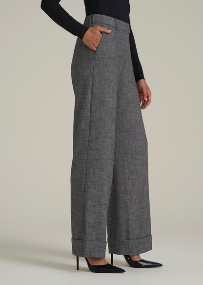 Wide-Leg Cuffed Pants for Tall Women in Black and Grey Tweed