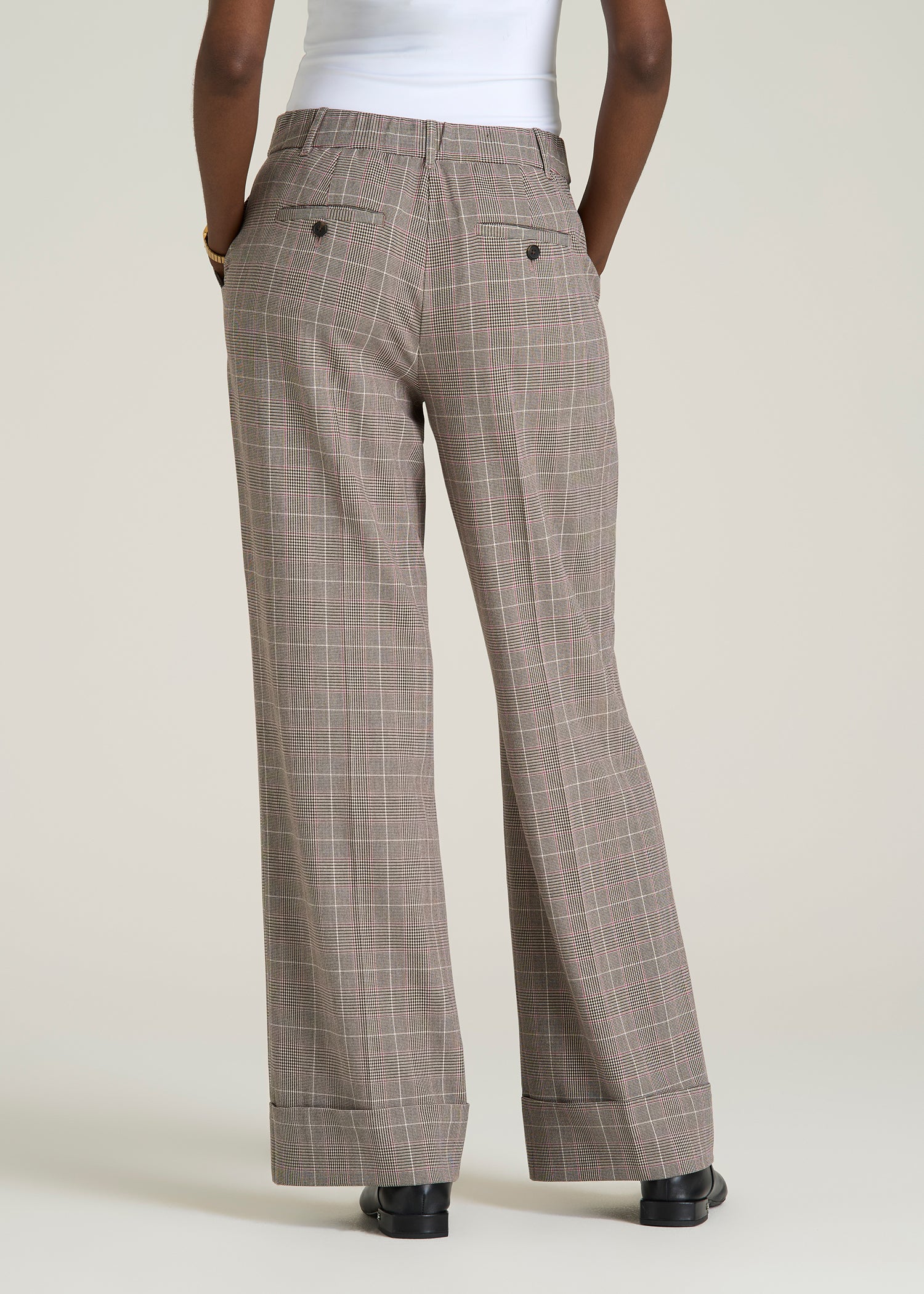 Wide-Leg Cuffed Pants for Tall Women in Espresso and Magenta Houndstooth