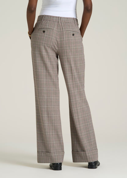 Wide-Leg Cuffed Pants for Tall Women in Espresso and Magenta Houndstooth
