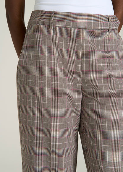 Wide-Leg Cuffed Pants for Tall Women in Espresso and Magenta Houndstooth