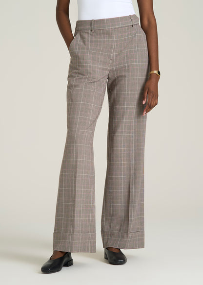 Wide-Leg Cuffed Pants for Tall Women in Espresso and Magenta Houndstooth