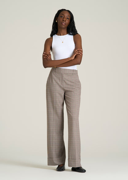 Wide-Leg Cuffed Pants for Tall Women in Espresso and Magenta Houndstooth