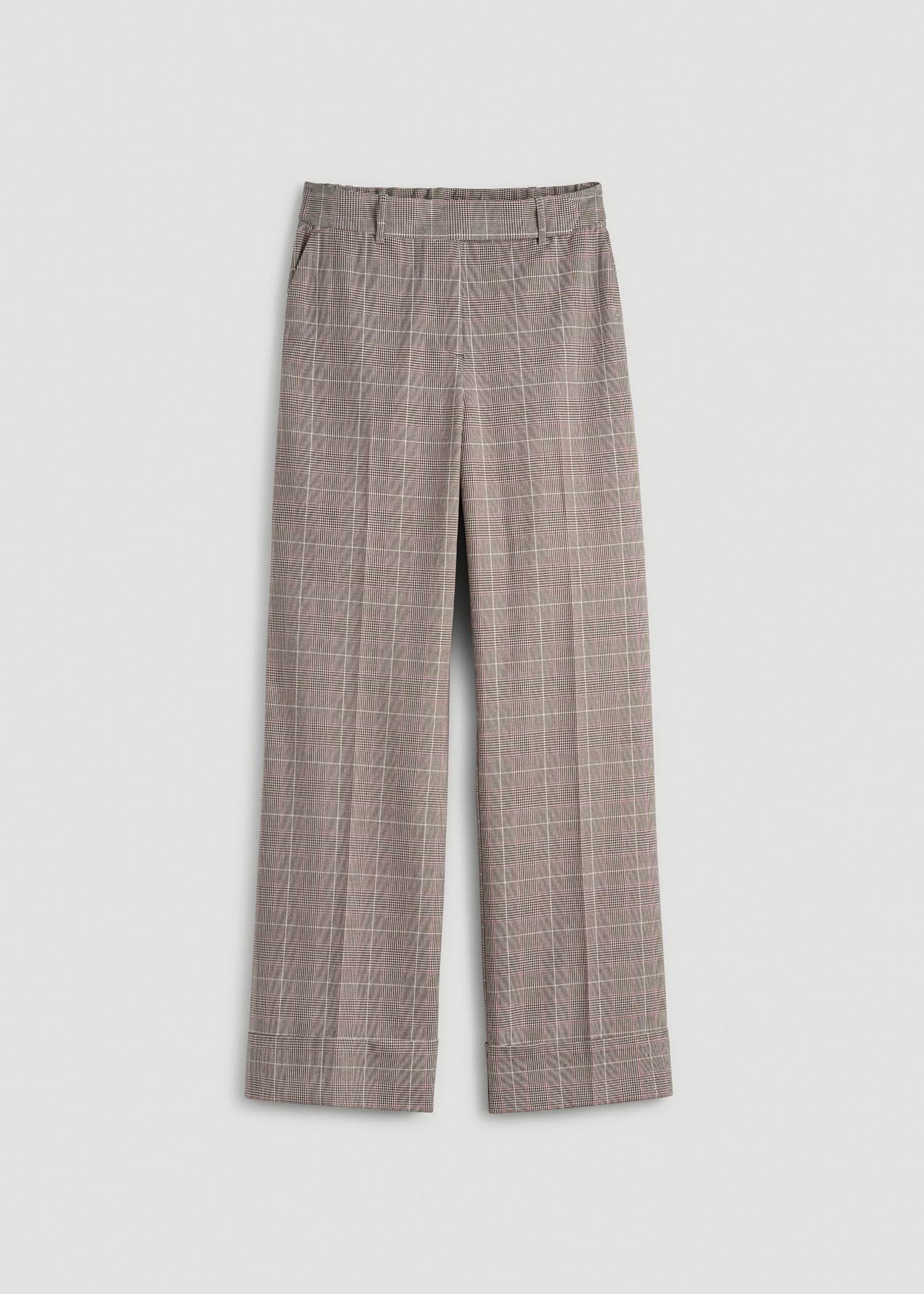 Wide-Leg Cuffed Pants for Tall Women in Espresso and Magenta Houndstooth