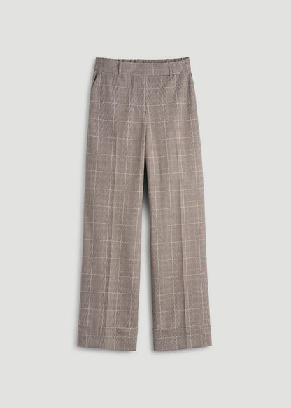 Wide-Leg Cuffed Pants for Tall Women in Espresso and Magenta Houndstooth