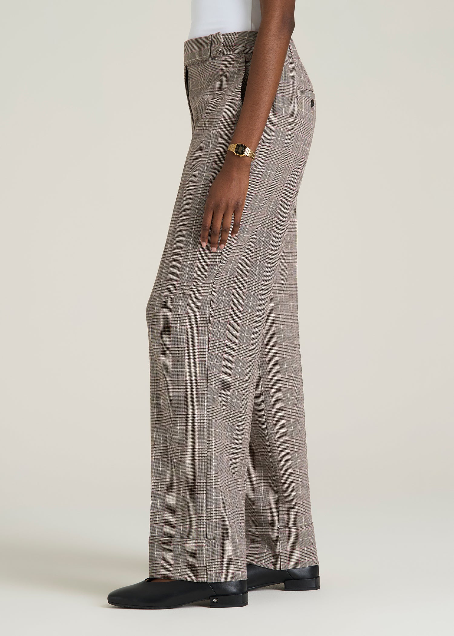 Wide-Leg Cuffed Pants for Tall Women in Espresso and Magenta Houndstooth