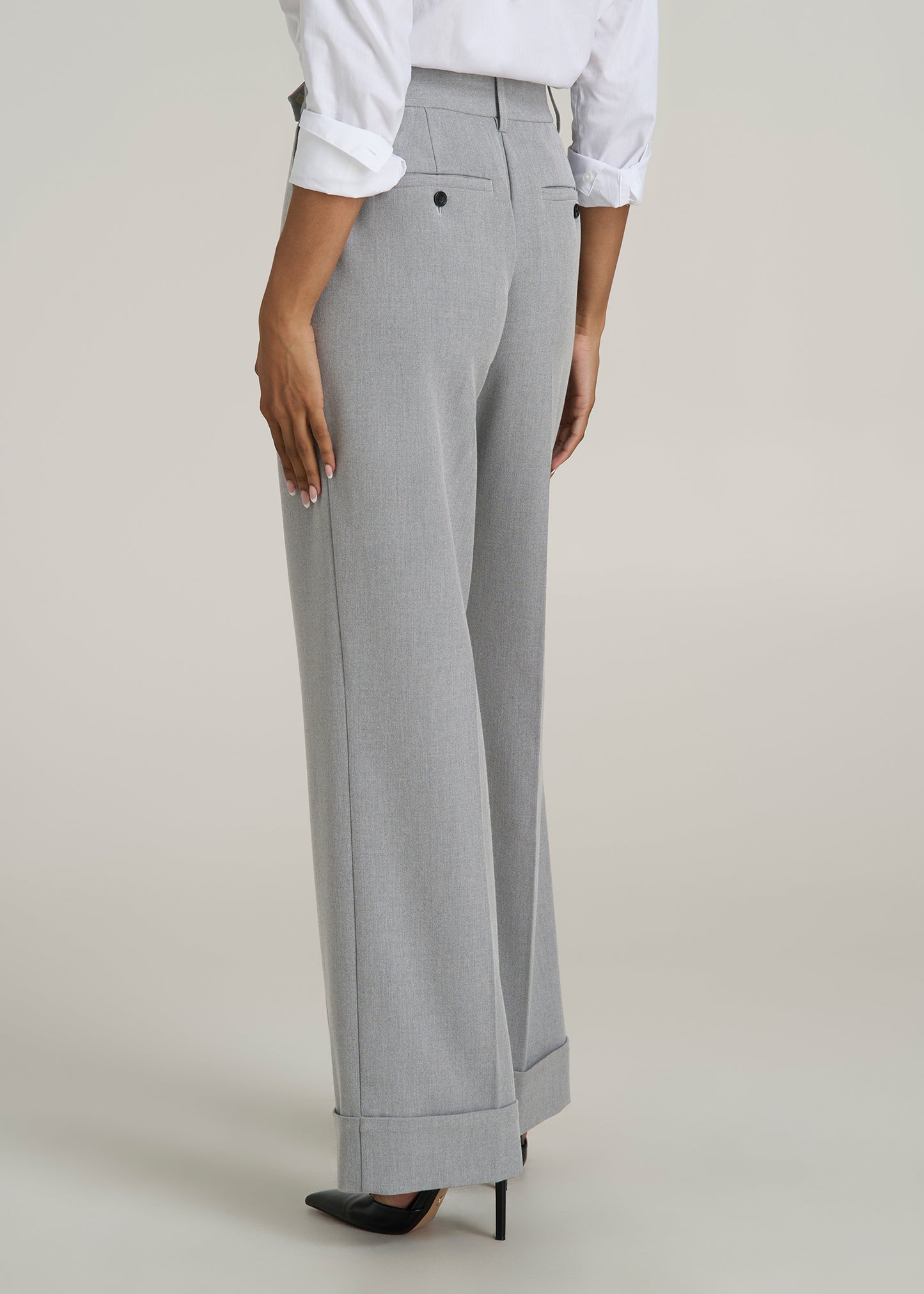 Wide Leg Cuffed Pants for Tall Women in Medium Grey Mix