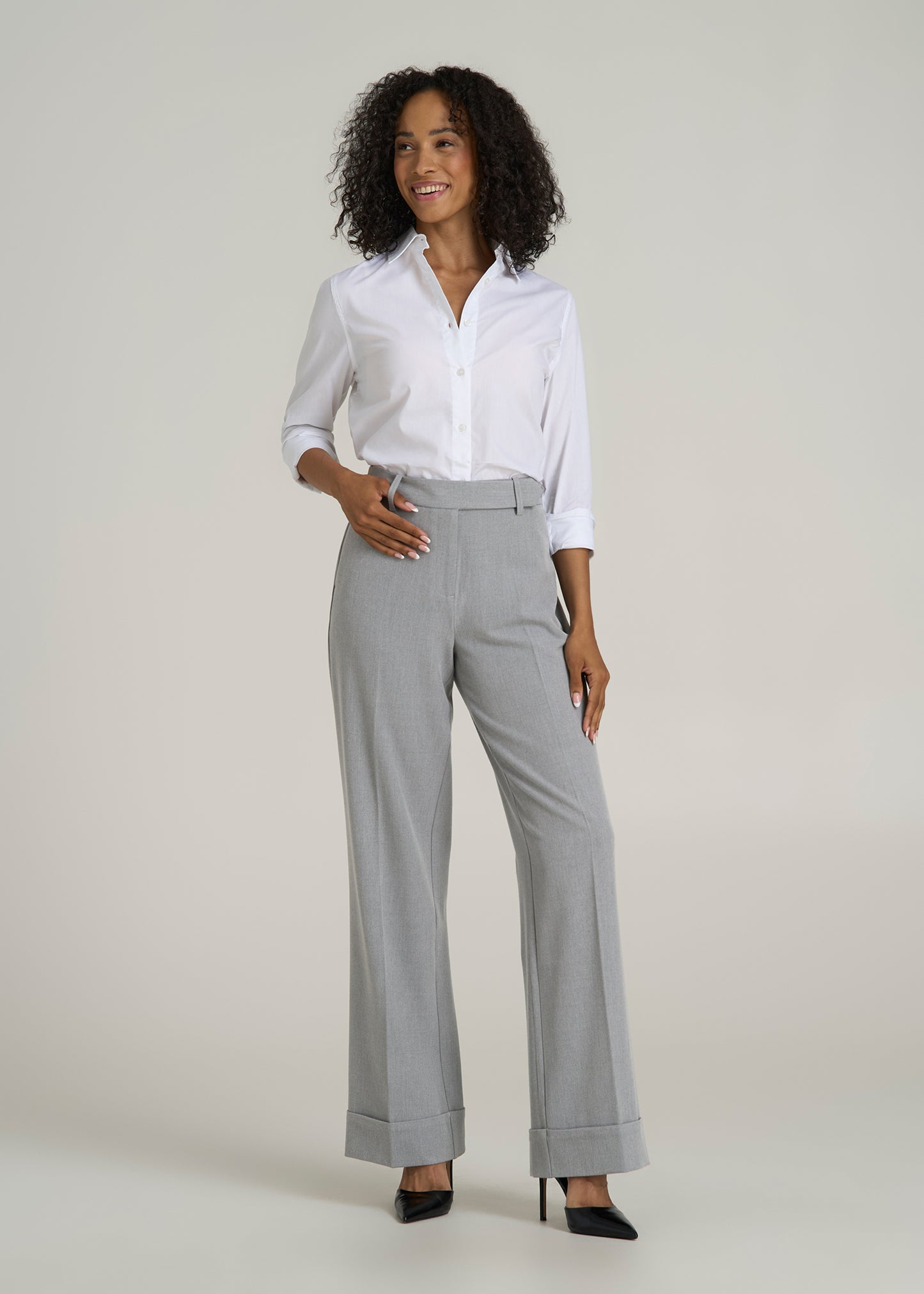 Wide Leg Cuffed Pants for Tall Women in Medium Grey Mix