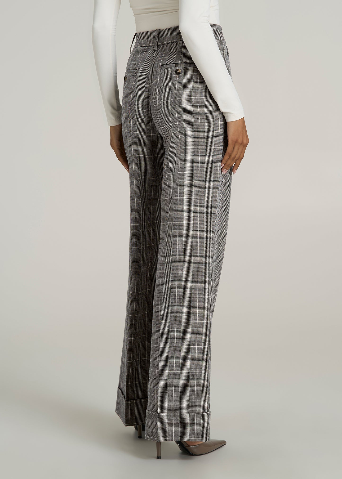 Wide Leg Cuffed Pants for Tall Women in Navy Houndstooth with Teal