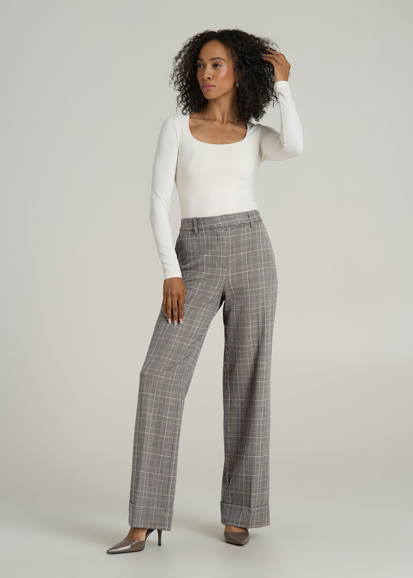 Wide Leg Cuffed Pants for Tall Women in Navy Houndstooth with Teal