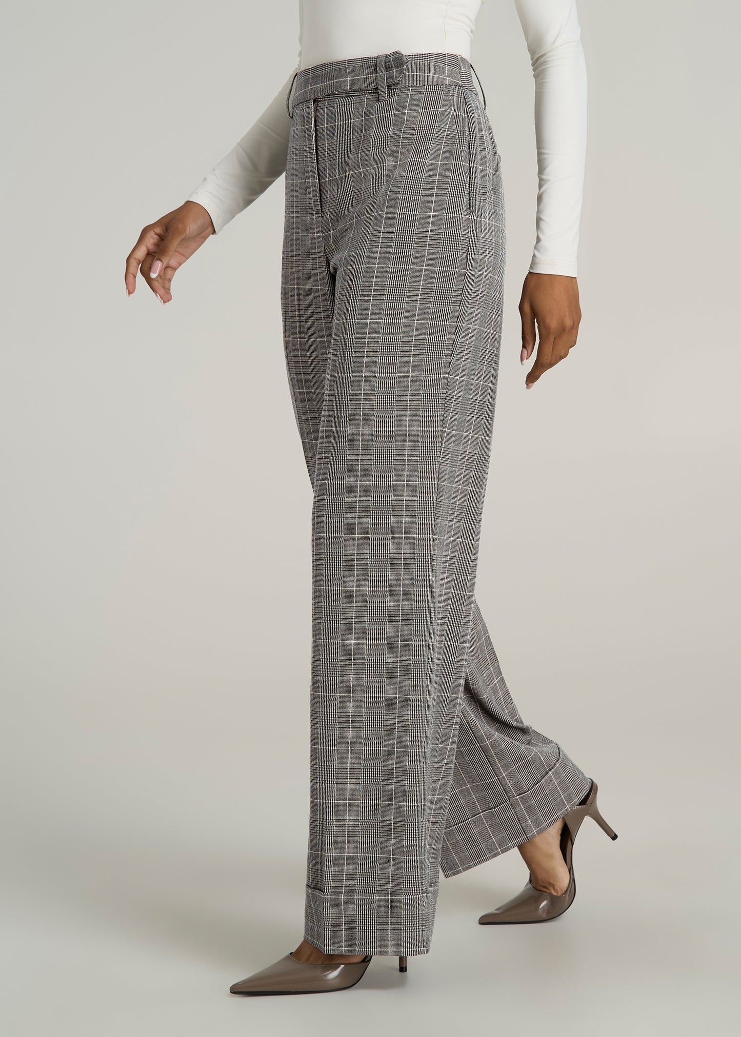 Wide Leg Cuffed Pants for Tall Women in Navy Houndstooth with Teal