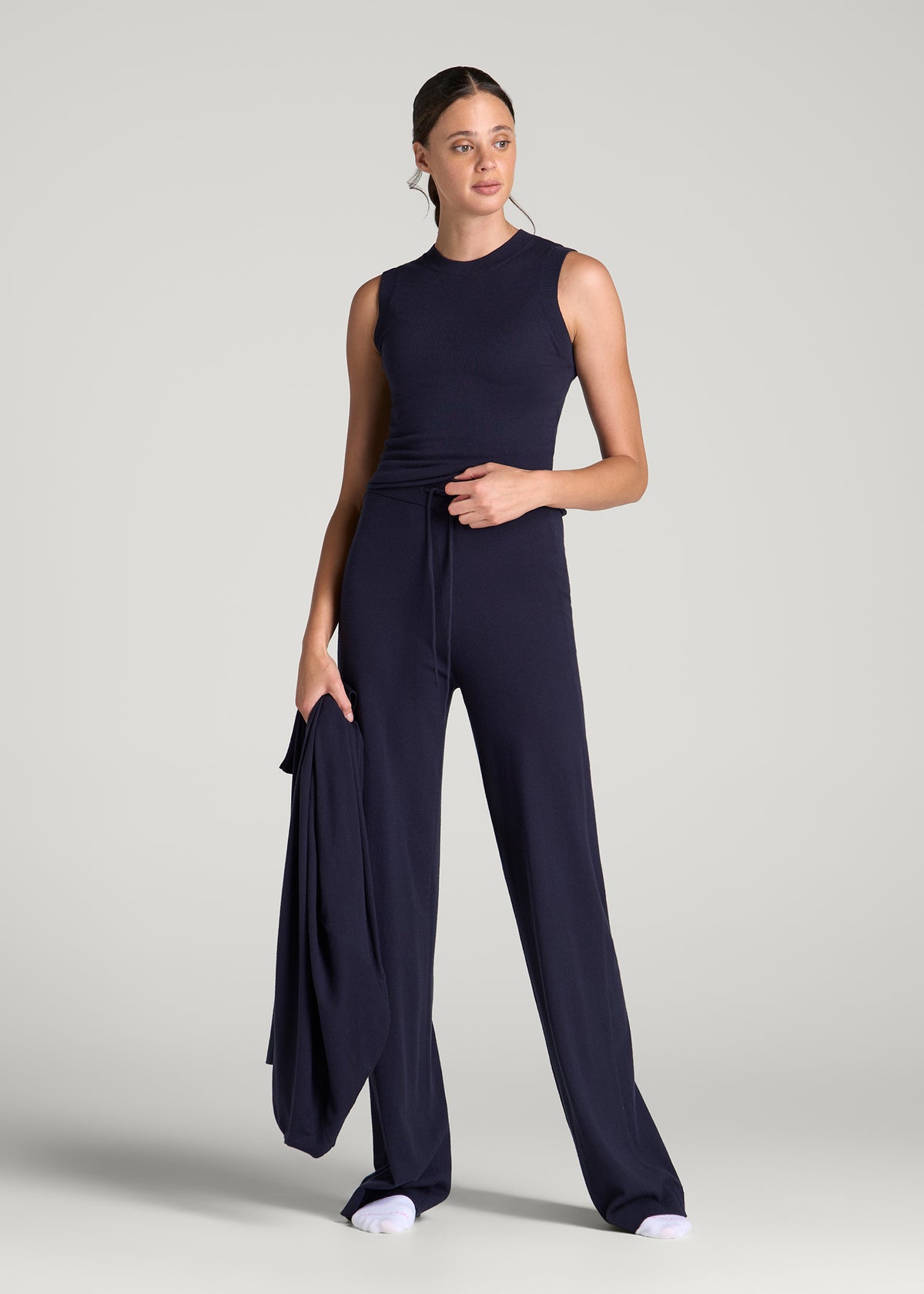 Wide Leg Knit Lounge Pants for Tall Women in Royal Navy