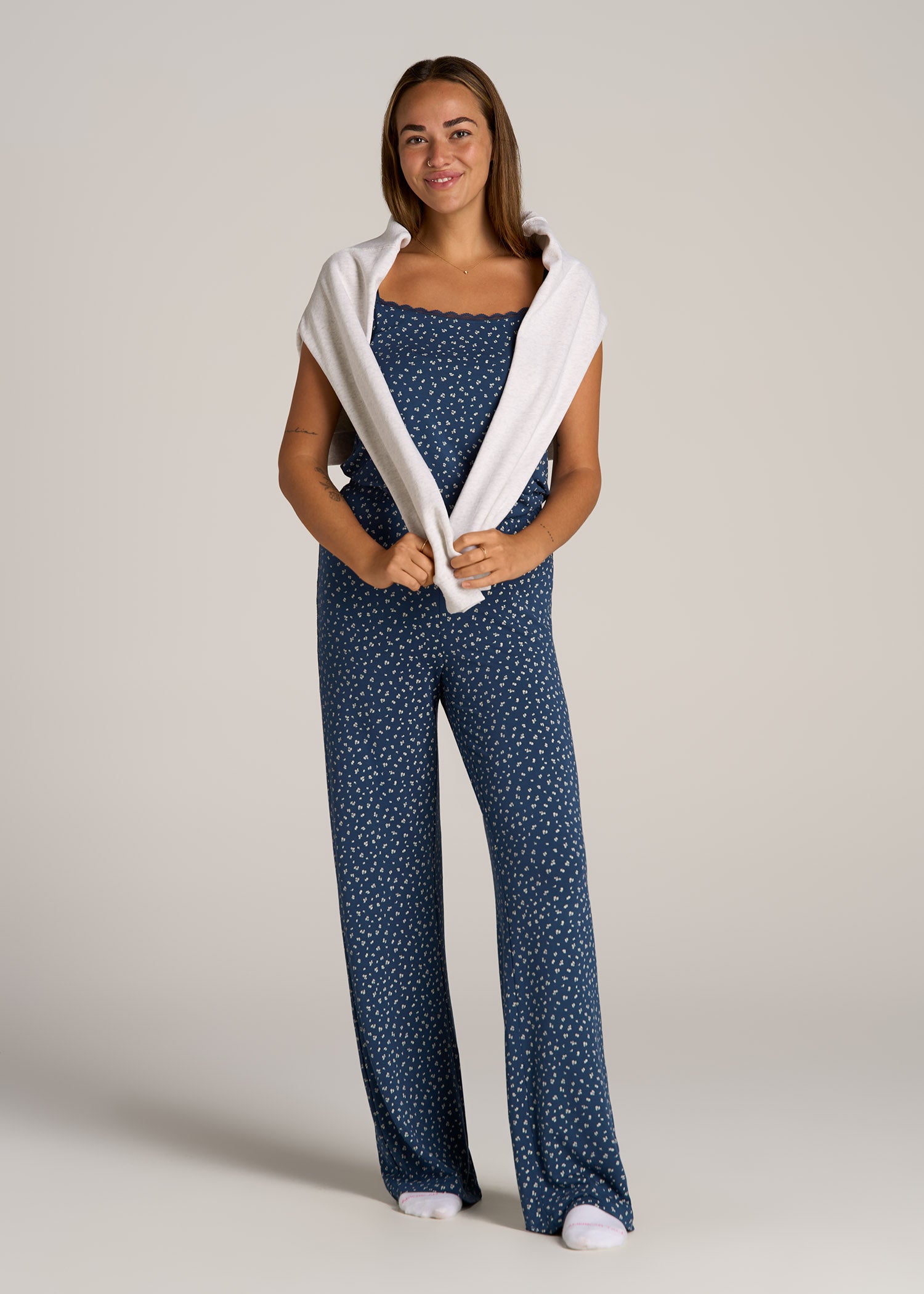 Wide-Leg Pajama Pants for Tall Women in Blue Ditsy Floral Print